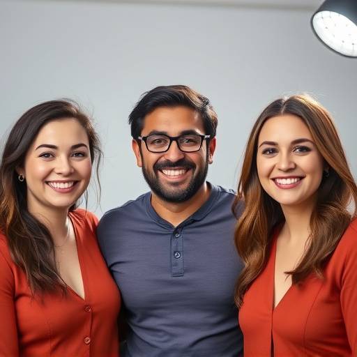 Fotografia da equipe da Luminar Fotografia reunida em frente ao estúdio, sorrindo para a câmera.
