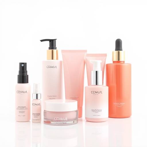 Fotografia de produtos de beleza em um fundo branco, com iluminação controlada.