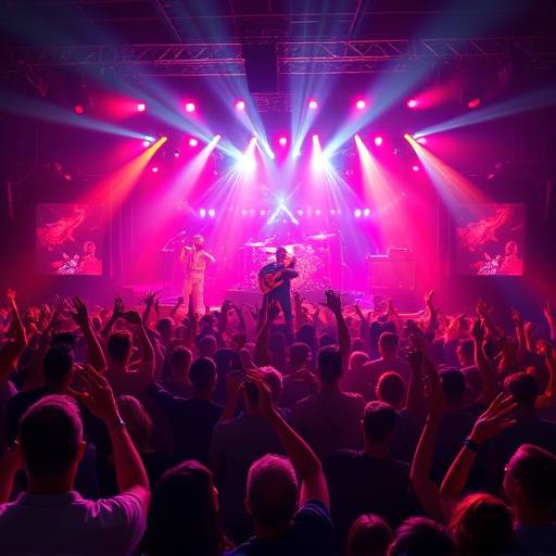 Fotografia de um concerto musical, com o palco iluminado e o público vibrando com a performance.