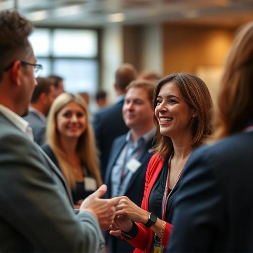 Fotografia de um evento corporativo, com pessoas interagindo e sorrindo durante uma conferência.