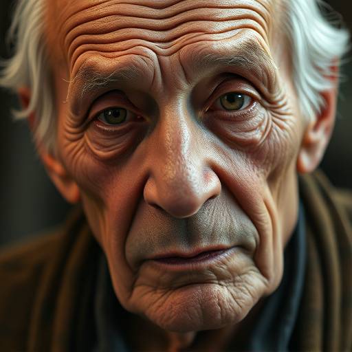 Retrato de um homem idoso, com rugas expressivas e um olhar sereno, transmitindo sabedoria e experiência.