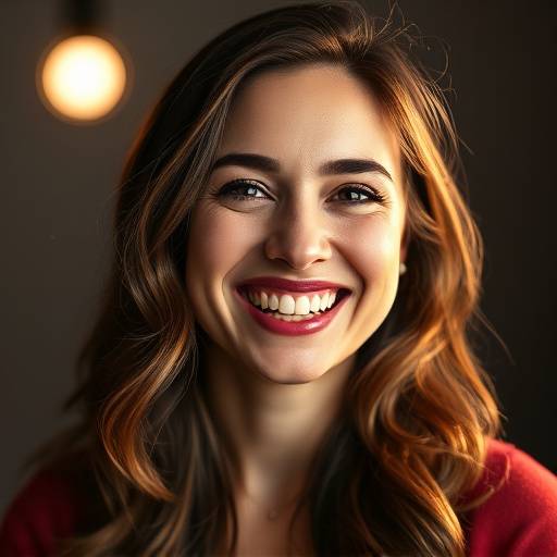Retrato de uma mulher sorrindo em um estúdio fotográfico com iluminação profissional.