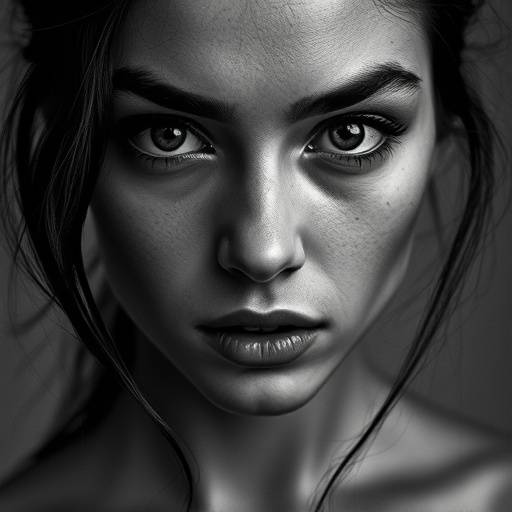 Retrato em preto e branco de uma jovem mulher, com um olhar expressivo e marcante.